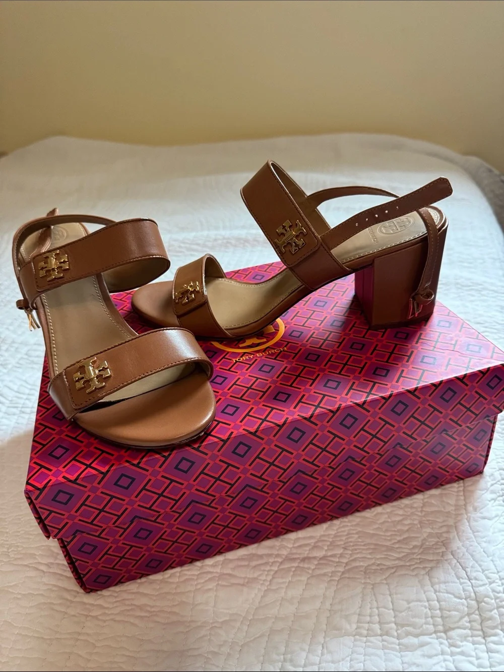 Tory Burch Tan Leather Block Heel Sandals with Gold Logo